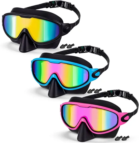 Vista 8 de Konohan Paquete de 3 gafas de natación para adultos, gafas anchas sin fugas, antiniebla, con clips para la nariz, tapones para los oídos