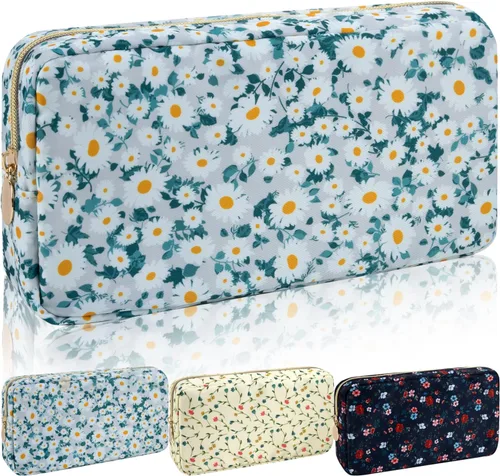 Vista 48 de Iqimott Bolsa Grande de Maquillaje de Nylon, Neceser de Viaje, Bolsa Grande de Cosméticos Preppy, Organizador de Maquillaje de Nylon, Bolsa de Beige
