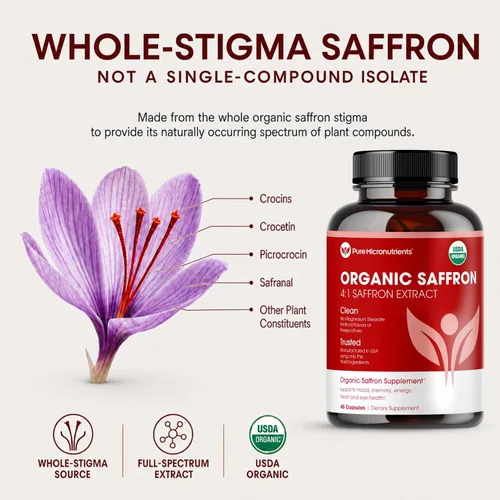 Vista 5 de USDA - Cápsulas orgánicas de extracto de azafrán de espectro completo 88.5 mg 4:1 estigma entero Crocus Sativus Soporte antioxidante 1 cápsula