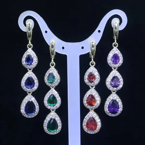 Vista 4 de LMXXVJ Juego de collar y aretes largos, chapados en oro blanco, juego de joyas de zafiro azul creado, joyería de regalo para boda, fiesta, joyería
