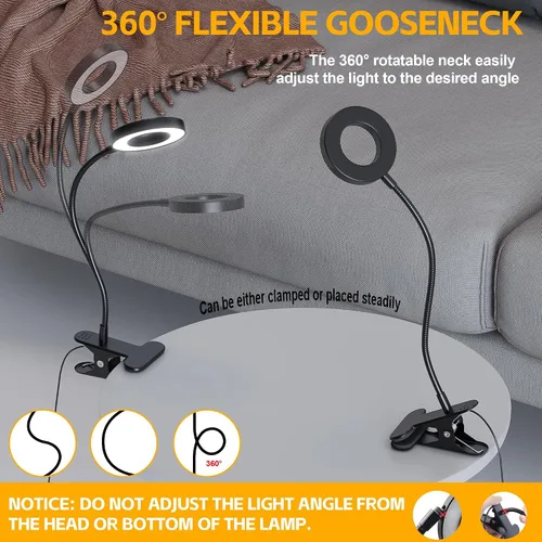 Vista 8 de Foneso Lámpara de escritorio con clip, luz de 48 LED, USB, con 3 modos de color, 10 niveles de brillo, protección ocular, cuello de ganso flexible