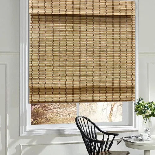 Vista 13 de Cortinas romanas de madera para ventana, cortinas de bambú opacas forradas, fácil instalación para el hogar y el jardín, patrón 1