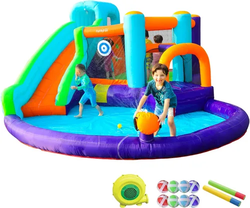 Vista 7 de Doctor Dolphin - Casa inflable de rebote con tobogán acuático, casa inflable para niños grandes, tobogán acuático para patio trasero, parque