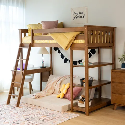 Vista 15 de Max & Lily Cama alta de tamaño matrimonial con estantería, arcilla, madera maciza, marco de cama moderno para niños/adolescentes, pino, acabado