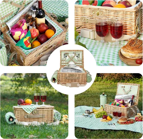 Vista 7 de Cesta de picnic para 2, cestas de picnic aisladas de sauce con correa para el hombro, canasta de picnic con manta de picnic impermeable, cesta