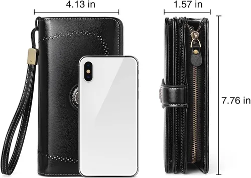 Vista 4 de Cartera de cuero para mujer, de gran capacidad, bolso de mano con bloqueo RFID, tarjetero con ventana de identificación, Negro