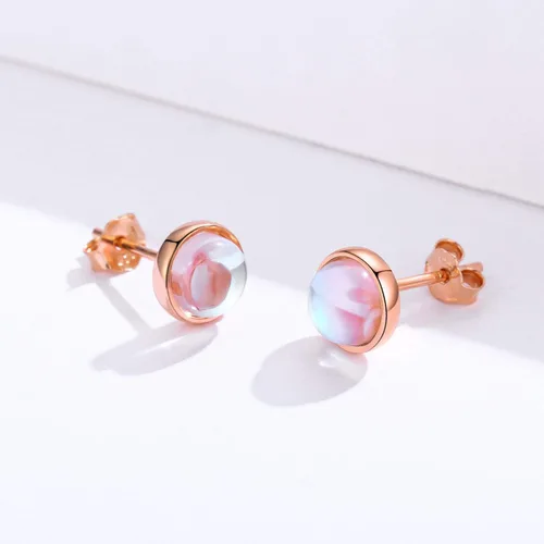 Vista 3 de Aretes para orejas sensibles, aretes de piedra lunar sintética, aretes redondos de plata de ley para mujer