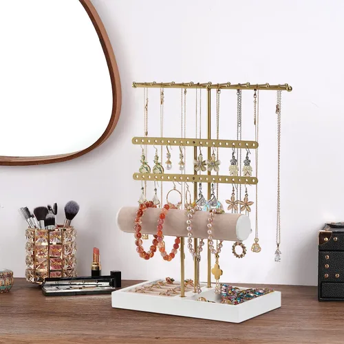 Vista 6 de JAZUIHA Organizador de joyas de 4 niveles dorado con organizador de collares, aretes, pulsera, caja de anillo, colgador para exhibición