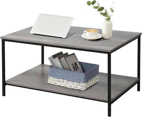 Vista 14 de SENIG Mesa de café pequeña rectangular marrón de madera y metal con estante de almacenamiento para salas de estar pequeñas