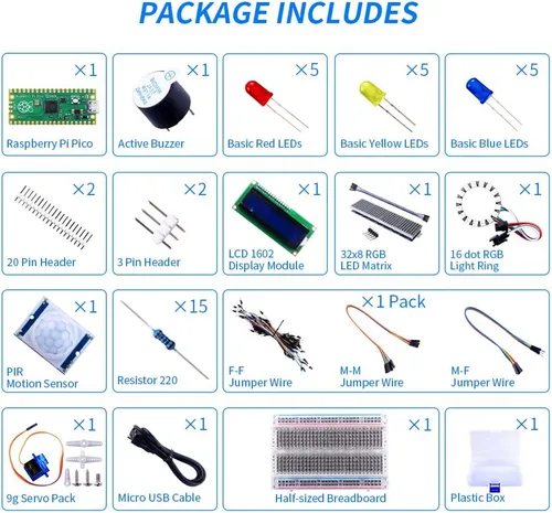 Vista 2 de GeeekPi Kit básico de inicio para Raspberry Pi Pico, con Breadboard, módulo de pantalla LCD I2C 1602, servo Mirco de 0.32 oz para principiantes