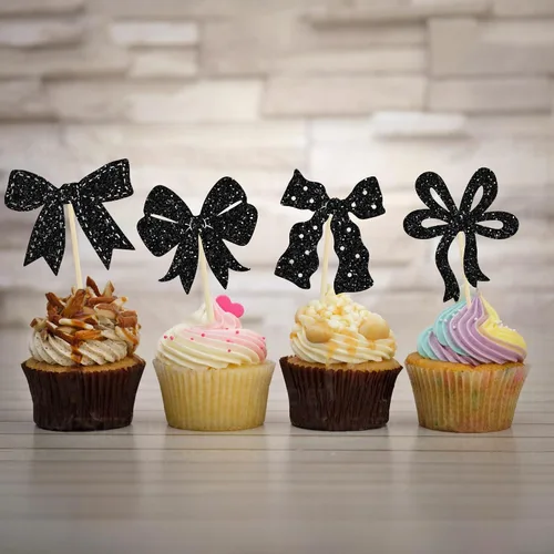 Vista 4 de Ephlyn 24 adornos para cupcakes con lazo para decoración de pastel de cumpleaños, decoración de fiesta de cumpleaños para niñas, decoración de Negro