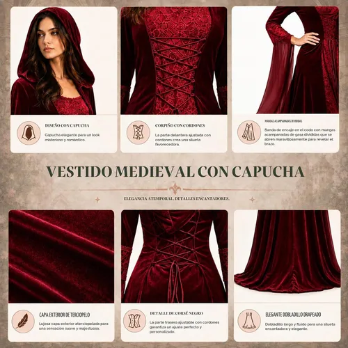 Vista 3 de BITSEACOCO Disfraz de bruja de lujo para mujer, vestido de vampiro con capucha gótico renacentista bordado vintage, vestido de cosplay Rojo vino