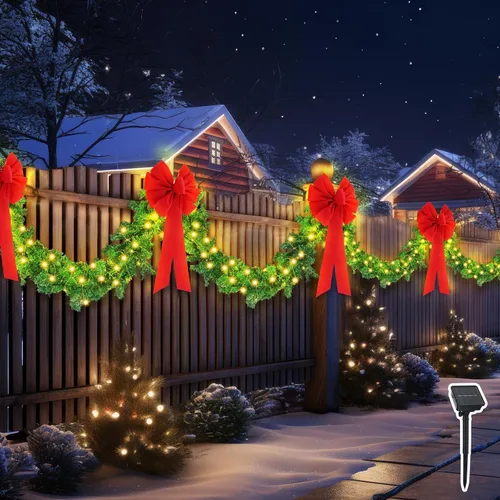 Vista 8 de Knitgrip 2 piezas de decoraciones de valla de Navidad de 9 pies en total de 18 pies con luz solar, guirnalda de cedro de Navidad al aire libre con 4