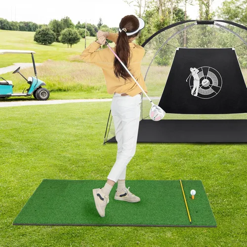 Vista 8 de Tangkula Tapete de golf para golpe, tapete de césped artificial para práctica de golf interior/exterior, incluye 2 camisetas de goma y 2 palos