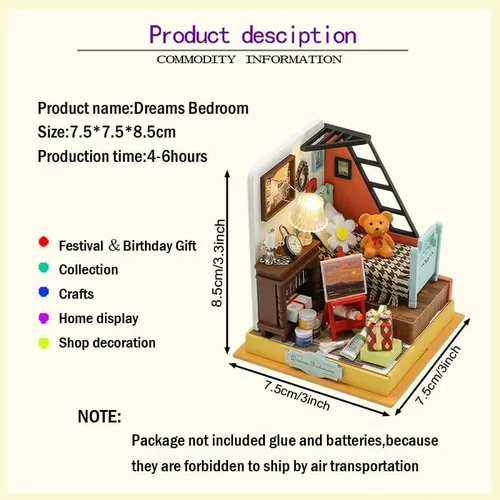 Vista 7 de Kit de casa de muñecas en miniatura de bricolaje, casa de muñecas de madera con LED, kit de construcción de casa pequeña para regalo de cumpleaños