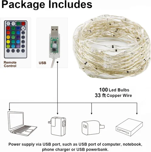 Vista 7 de Twinkle Star - Tira de luces de hadas con cambio de color de 33 pies, 100 luces LED impermeables y con cable plateado, 16 colores, luces USB
