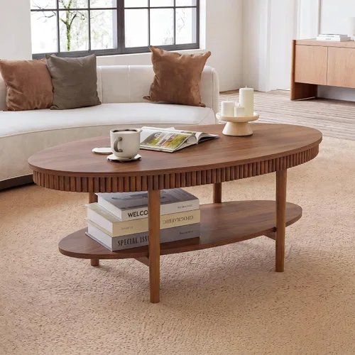 Vista 7 de Janmer Home Mesa auxiliar ovalada con estante de almacenamiento de 2 niveles, mesas de café modernas de 40 pulgadas, mesa central pequeña de madera
