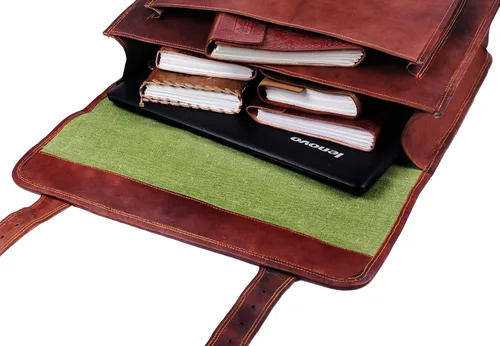 Vista 5 de Bolsas de cuero para computadora portátil para hombre, bolso de mensajero de cuero de grano completo, maletín de cuero, bolso de hombro cruzado
