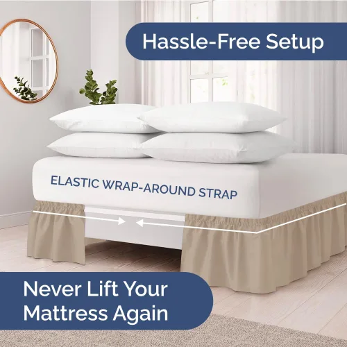 Vista 2 de Falda de cama envolvente con volantes, color crema, para camas de tamaño matrimonial con altura de 30 cm CGK Linens - Falda de cama plisada con tela