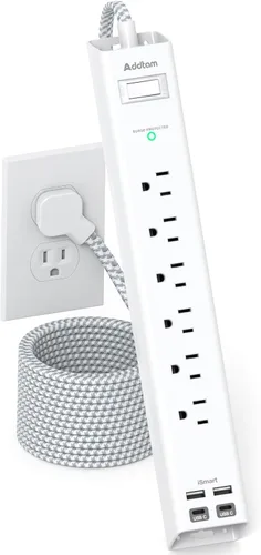 Vista 10 de Regleta protectora contra sobretensiones con USB C, cable de extensión de enchufe plano con 6 salidas de CA, 4 USB (2 USB C), montaje en pared, 5