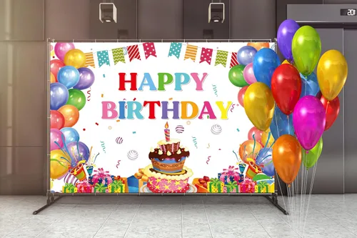Vista 4 de Cartel de feliz cumpleaños, telón de fondo de globos coloridos para fiestas de niños, pasteles de colores grandes, fotografía, telón de fondo