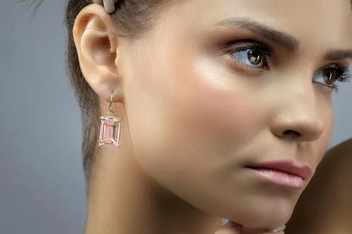 Vista 2 de Rose Quartz Rectangle Earrings - Self-Love Gold Dangle Earrings for Women - Healing Crystal Gemstone Jewelry