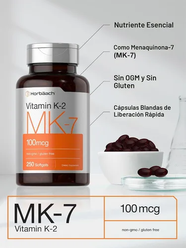 Vista 4 de Horbäach Vitamina K2 MK7 100mcg 250 cápsulas blandas Suplemento sin OMG, sin gluten