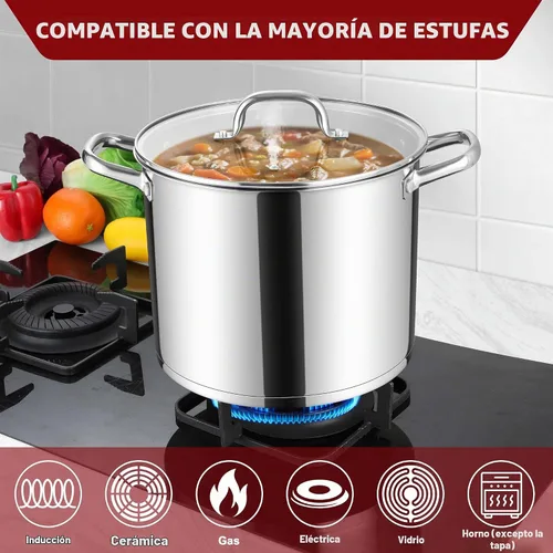 Vista 4 de Herogo Olla de acero inoxidable 18/10 de 12 cuartos de galón con tapa, olla grande y resistente compatible con cocinas eléctricas, de gas
