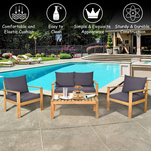 Vista 4 de COSTWAY Juego de 4 sofás de madera de acacia para exteriores, juego de sofá de conversación al aire libre con mesa y cojines, sillas de porche