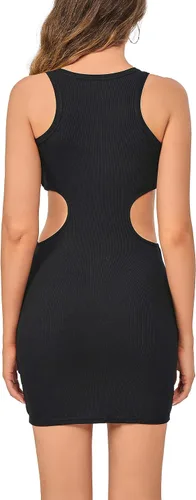 Vista 5 de Vestido ajustado sexy sin mangas para mujer, cintura recortada, acanalado, para fiesta, club, mini vestido