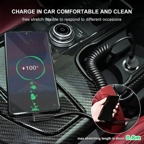 Vista 4 de aceyoon Cable USB tipo C en espiral de 90 grados, cable de carga rápida QC 3.0 para iPhone 15/15 Pro/15 Pro Max/15 Plus, Samsung Galaxy S20, cable