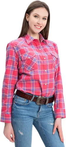 Vista 16 de PASHARTUK Camisas occidentales para mujer, camisas de manga larga de algodón para mujer con botones a presión, camisas a cuadros para mujer Beige