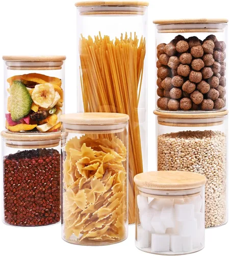 Vista 22 de SHOWIN Tarros de almacenamiento de pasta de vidrio de 73 onzas, tarros altos de vidrio con tapas de bambú, contenedor de espagueti, juego de 3
