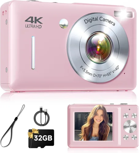 Vista 10 de Cámara digital, 44MP FHD 1080P apunta y dispara, cámara digital con antivibración, pequeña cámara digital con detección facial, tarjeta SD de 32 GB