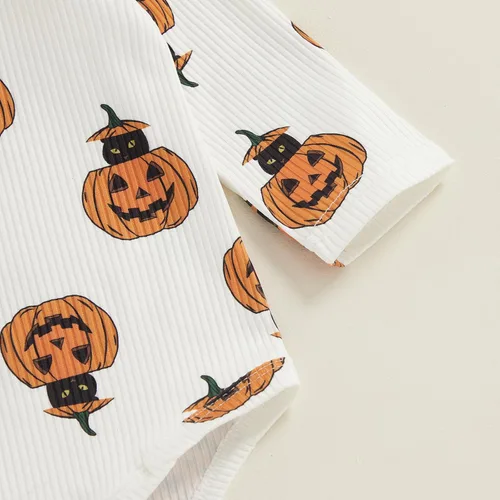 Vista 4 de Mandizy Ropa de bebé de Halloween para niña, conjunto de falda con tirantes de calabaza, fantasma, manga larga, mameluco de pana, vestido de overol