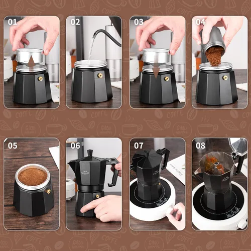 Vista 5 de MERMOO YILAN Moka Pot - Cafetera clásica para estufa, 6 tazas de café expreso de 10.1 fl oz, cafetera de estilo italiano negro Negro-10.1 fl oz