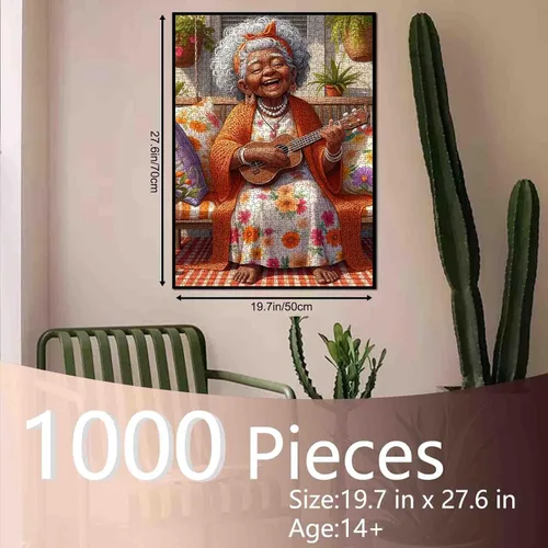 Vista 2 de Rompecabezas de 1000 piezas de anciana afroamericana para adultos, abuela tocando la guitarra, rompecabezas para actividades familiares desafiantes
