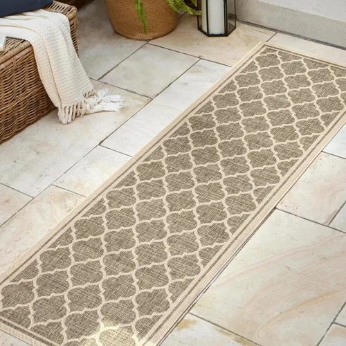 Vista 3 de JONATHAN Y Tapete marroquí con diseño enrejado para interiores y exteriores, 2 x 8 pies, marrón/beige, tejido texturizado de trébol para patio