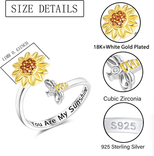 Vista 7 de Sunflower You are My Sunshine Jewelry - Collar de plata de ley 925 con colgante de girasol lindo collar de abeja ajustable, anillo abierto