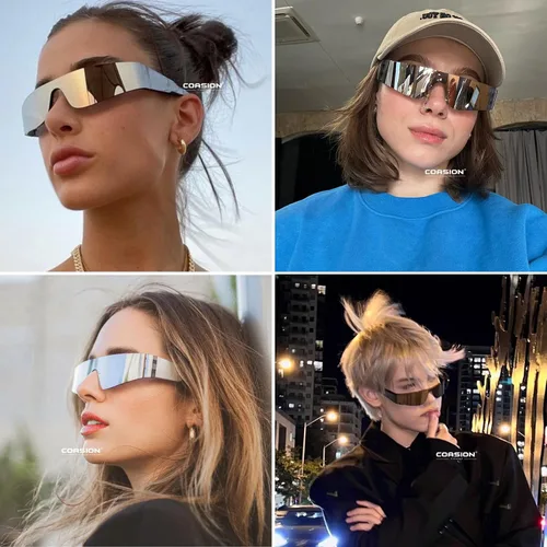 Vista 3 de COASION Y2K - Lentes de sol metálicos futuristas plateados, lentes de concierto Cyberpunk para mujeres y hombres, juego 2077