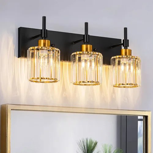 Vista 9 de Lámparas de baño doradas, 2 lámparas de tocador de cristal para baño, luces modernas de latón sobre espejo