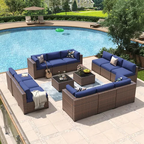 Vista 25 de Aoxun - Juego de 7 piezas de muebles de patio de mimbre de ratán, conjunto de sofá modular para conversación de patio con mesa de café y cojines