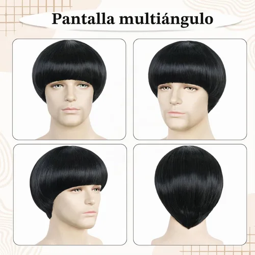 Vista 3 de ANOGOL Peluca corta negra con corte de tazón para hombre, con flequillo Negro