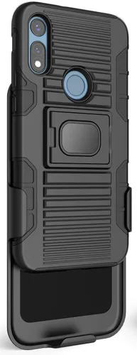 Vista 8 de Funda con clip para Moto E 2020, Nakedcellphone Black Rugged Cover [con soporte de agarre para dedos] + [placa de montaje integrada] +