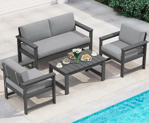 Vista 24 de SERWALL Juego de sofá de 2 piezas de sillón Adirondack acolchado de Marco negro/cojín gris