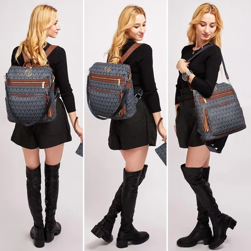 Vista 26 de MKP COLLECTION Mochila de moda para mujer, bolsa convertible grande para mujer, mochila de viaje, bolsa de hombro, juego de 2 piezas con borla, Beige