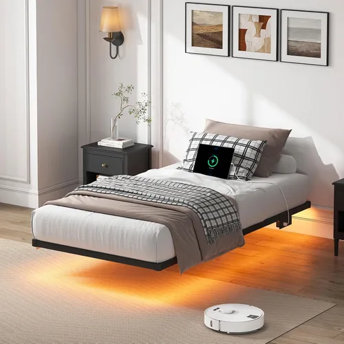 Vista 9 de YORMDMO Base de cama flotante tamaño individual, marco de cama resistente con luces LED inteligentes y estación de carga, cama moderna de plataforma