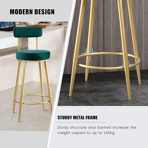 Vista 5 de Taburete de bar de cocina, juego de 2, silla de mostrador moderna de terciopelo de 25.6 pulgadas con respaldo para isla de cocina, comedor