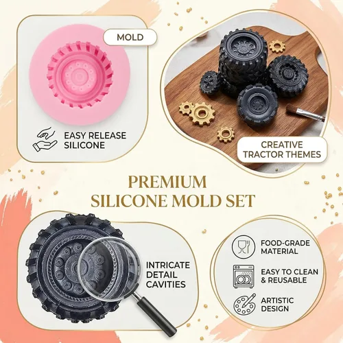 Vista 5 de Molde redondo 3D para fondant para neumáticos, moldes de silicona para rueda de camión, 4 piezas, para decoración de pasteles, proceso de azúcar