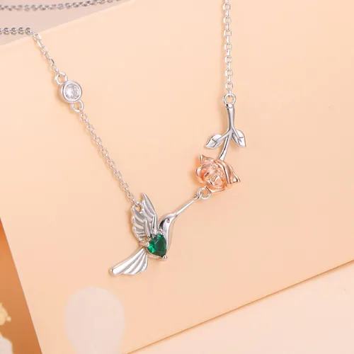 Vista 4 de HOOHWE Anillo de colibrí de plata de ley S925, collar, aretes, joyería de colibrí para mujeres y adolescentes, Metal, No es una piedra preciosa